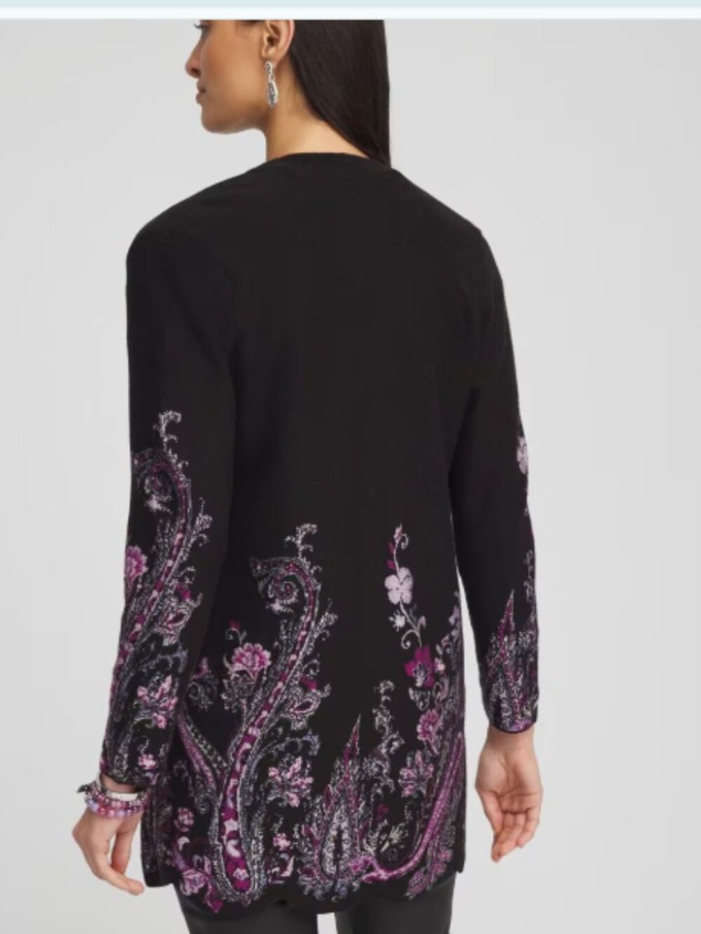 NWT Chico's Jacquard Scalloped Hem Cardigan Sweater Paisley Small Purple Black